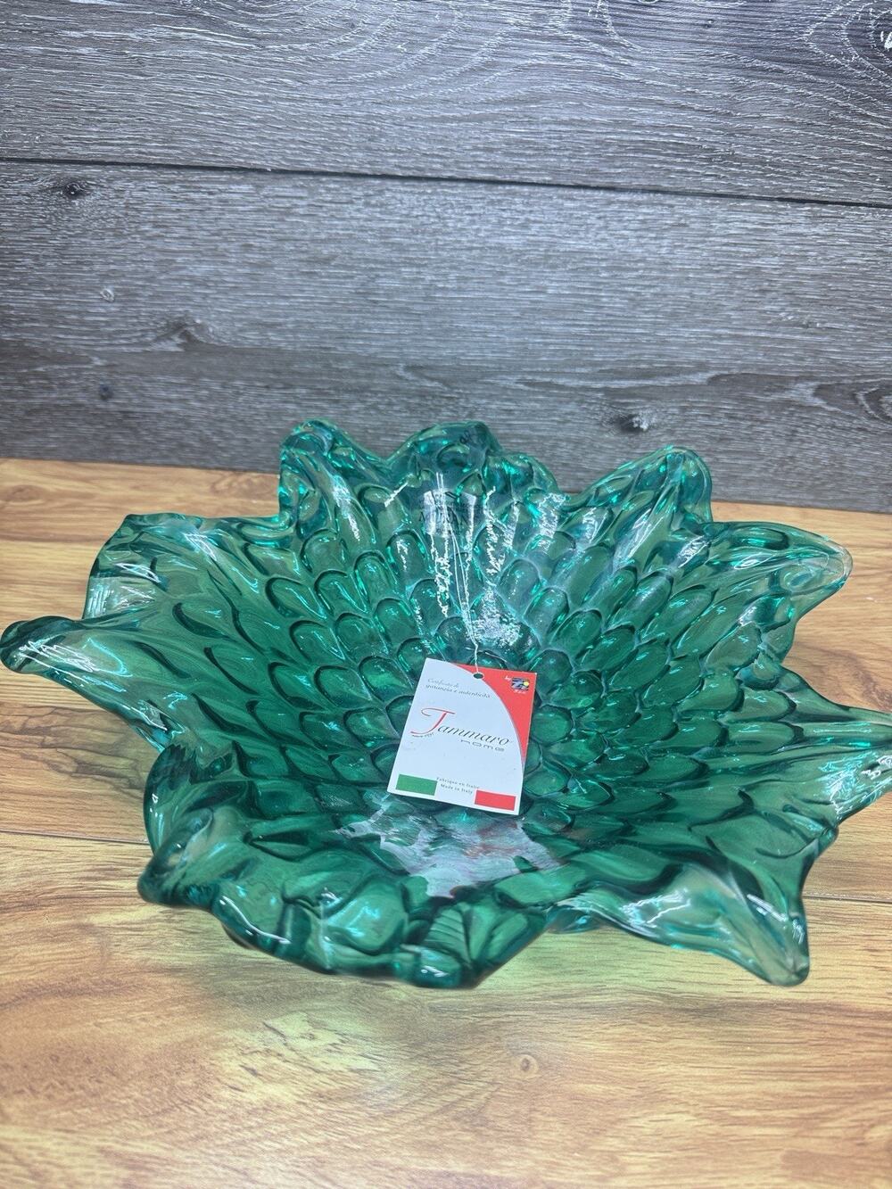 Murano Glass Bowl Green Tammaro Home Ruffled Textured Art Glass Italy 13”